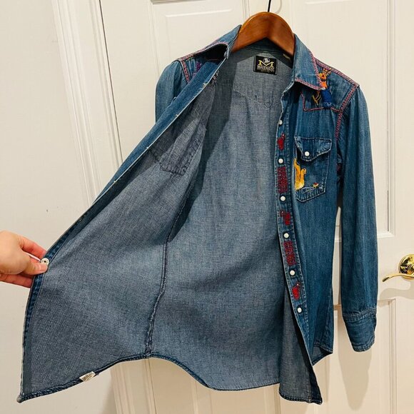 Vtg 70's Maverick Embroidered Denim Pearl Snap Shirt Long Tail Western Cowboy - Picture 5 of 16